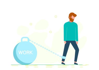 Yazı işleriyle ağırlığa zincirlenmiş bir adam. Stock Vektör çizgi film illüstrasyonu.