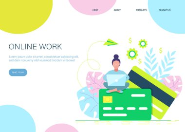 Ödemek için dizüstü bilgisayar, para terminali ve fatura kullanan modern bir kadınla kredi kartı ödeme kavramı.