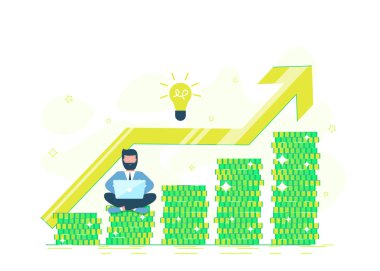 Serbest çalışan, programcı para kazanır. Ofis işadamı altın bir dolar gösteriyor. Kredi teklifi, banka yatırımı ya da yeniden finanse etme. Vektör düz resimleme