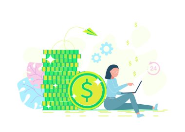 Serbest çalışan, programcı para kazanır. Bir ofis işadamı bozuk para yığınının yanında oturur ve bir dizüstü bilgisayarda çalışır. Kredi teklifi, banka yatırımı ya da yeniden finanse etme. Vektör düz resimleme