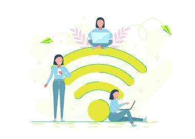 Bedava internet alanındaki insanlar büyük bir kablosuz internet tabelasının üzerinde dizüstü bilgisayarlarla çalışıyorlar. Bedava kablosuz bağlantı noktası, kablosuz ağ barı, taşınabilir cihaz konsepti. Vektör çizimi. Karakter tasarımı.