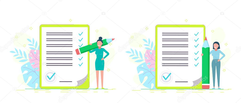 Entrepreneur checklist. Set illustrations. Successful woman checking task success, completed business tasks