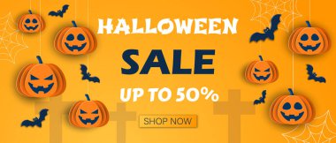 Kağıt biçimli balkabakları ve yarasalarla Cadılar Bayramı klasik mavi arkaplan, 3 boyutlu vektör