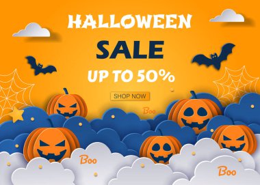 Cadılar Bayramı tasarım şablonu. Satış geçmişi. Çizgi film biçimi vektör illüstrasyonu.