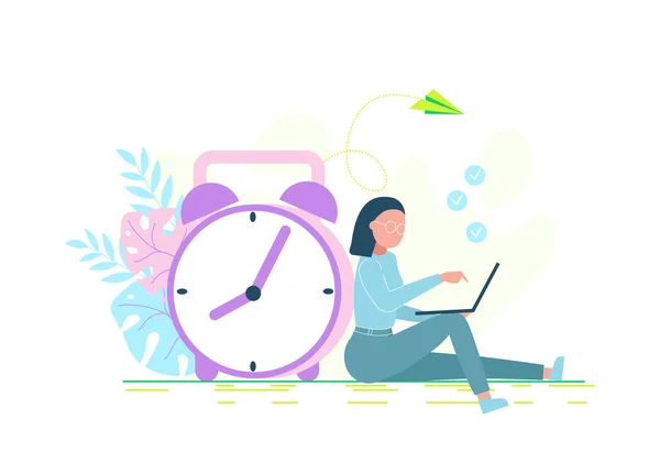 時間管理だ 大きな時計の近くのノートパソコンで働く女性のイラスト 大きな時計の近くのノートパソコンに座っている女の子のイメージ — ストックベクタ