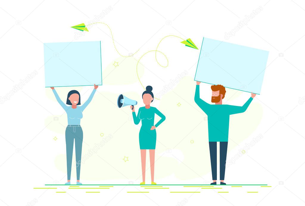 Parades or rallies. Young woman with a microphone in her hand. An activist takes part in a parade or rally. Vector flat cartoon illustration.