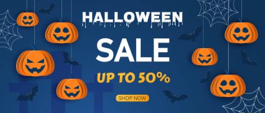 Cadılar Bayramı tasarım şablonu. Satış geçmişi. Çizgi film biçimi vektör illüstrasyonu.