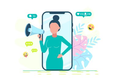 Arkasında büyük bir telefonla hoparlörle konuşan bir kadın. Elinde megafonla önemli bir duyuru yapan genç bir kadın..