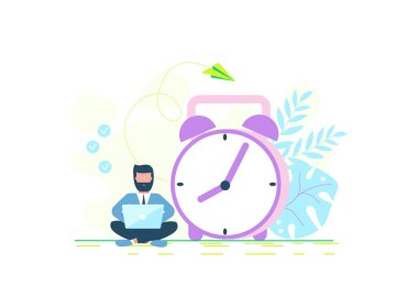 Zaman yönetimi. Büyük saatin yanında dizüstü bilgisayarda çalışan bir adamın tasviri. Büyük saatin yanında dizüstü bilgisayarı olan bir kız resmi.