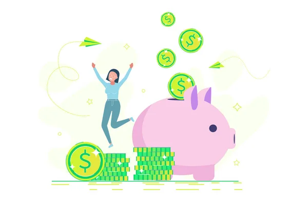 Chica feliz gana dinero, monedas. Una mujer está ahorrando dinero en una alcancía. Concepto de ahorro . — Vector de stock