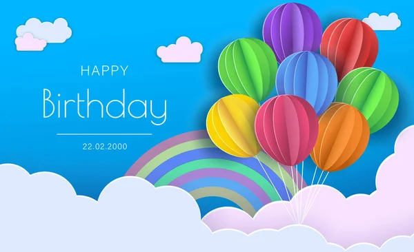 Gelukkige verjaardag van Origami wenskaart.Vliegpapier gesneden ballonnen. Kleurrijke decoratie voor feest, feest, banner, kaart, cadeau. Vector Illustratie — Stockvector