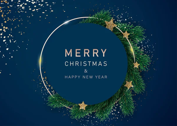 Bannière du Nouvel An avec étoiles décorées et branches de sapin. Avec des cadres de neige sur fond bleu. Conception d'en-tête festive pour votre site Web. — Image vectorielle