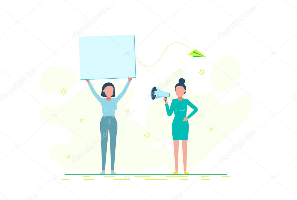 Parades or rallies. Young woman with a microphone in her hand. An activist takes part in a parade or rally. Vector flat cartoon illustration