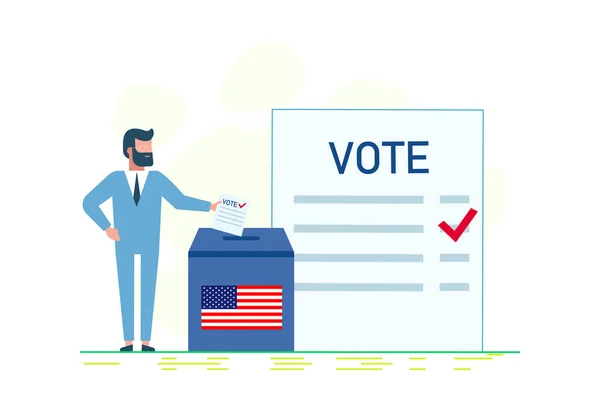 Americké hlasování. Muž volící prezidenta Vektora izolovaný. Muž, který stojí u volebního urnu a hlasuje hlasovacím lístkem. — Stockový vektor