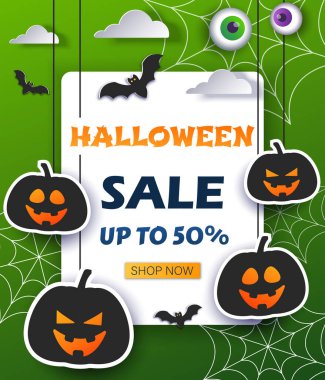 Cadılar Bayramı tasarım şablonu. Satış geçmişi. Çizgi film biçimi vektör illüstrasyonu.