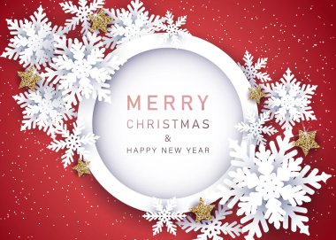 Kırmızı arka plandaki kağıttan kesilen soyut Noel balosu. Vektör Görünümü.