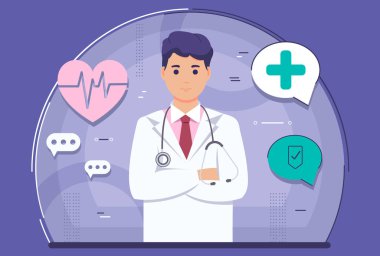 Gülümseyen doktor. Doktor karakter geçmişi. Vektör illüstrasyonu.