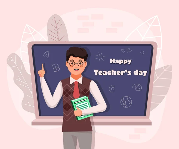 Teacher Day Back School Teacher Man Cartoon Character Stands Chalkboard — Stock Vector