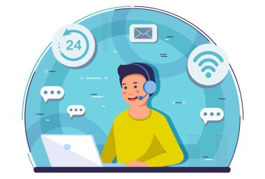 Online Destek, Müşteri Hizmetleri ve Çağrı Merkezi Konsepti. Adam Çağrı Merkezi İşçisi