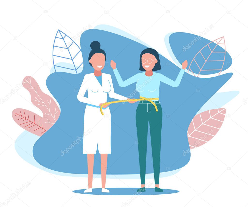 Woman nutritionist in white coat measures waist woman patient. Vector Illustration. Nutritionist and Patient