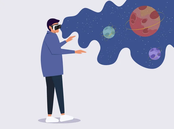 Concepto de gafas de realidad aumentada virtual con gente jugando, aprendiendo y entreteniendo. Ilustración isométrica vectorial — Vector de stock