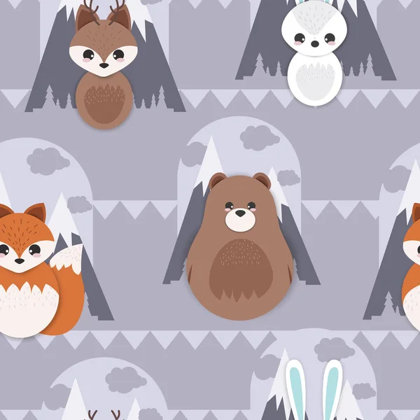 Şirin hayvan, tilki, geyik, ayı, tavşan desenli orman deseni. Vektör illüstrasyonu — Stok Vektör