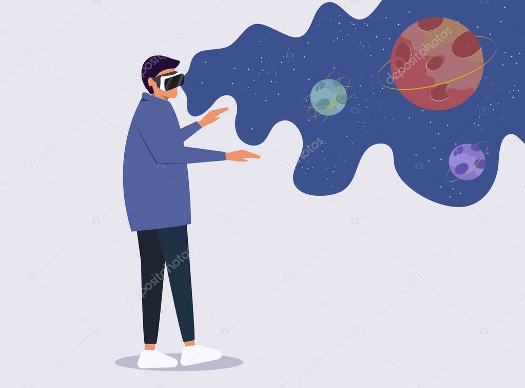 Virtual augmented reality glasses concept with people playing games, learning and entertaining. Vector isometric illustration