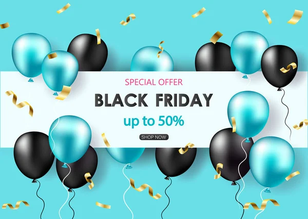 Black Friday Försäljning Affisch Med Blanka Ballonger Konfetti — Stock vektor