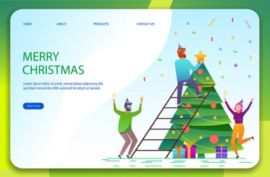 Mutlu Noeller ve mutlu yıllar şablonları. Neşeli adam Noel ağacını toplar ve bir yıldızla süslüyor. Moda düz biçimi.