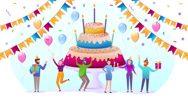 Feliz Cumpleaños. La compañía de los jóvenes celebra la fiesta con un pastel y regalos. — Archivo Imágenes Vectoriales