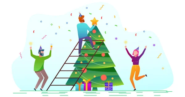Joyeux Noël et bonne année modèles. Joyeux homme décorer le sapin de Noël avec des boules et une étoile. — Image vectorielle