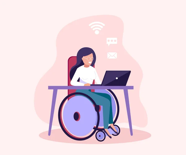 Zdravotně postižená mladá žena na invalidním vozíku pracuje s počítačem online. Fyzické postižení a společnost — Stockový vektor
