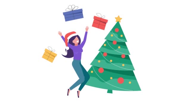 Merry Christmas fir tree and happy woman, animation illustration — Stock Video