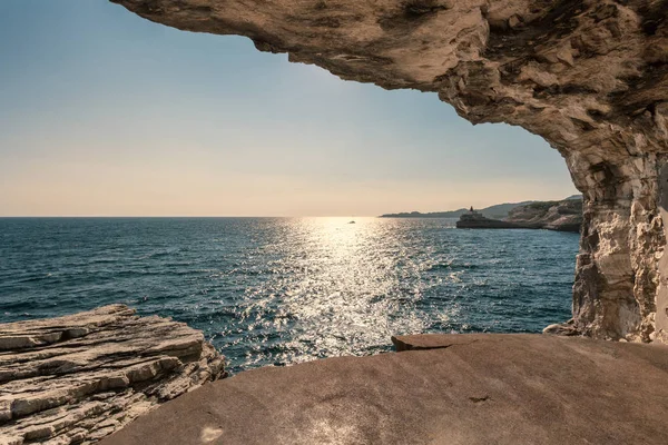 Evening Sun Madonetta Lighthouse Entrance Harbour Bonifacio Viewed World War — Stock Photo, Image