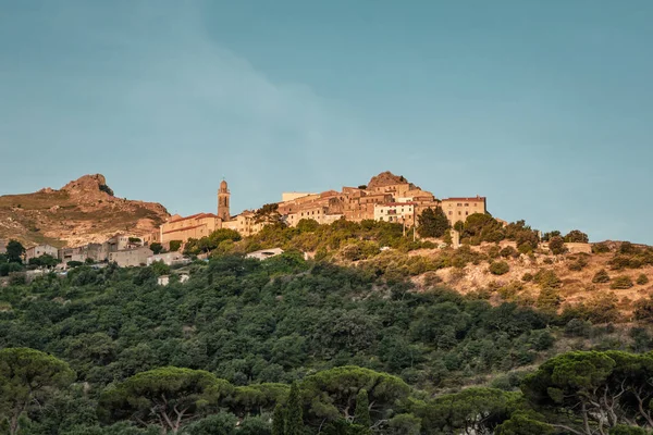 Early morning sun lighting up the buildings of the ancient mountain village of Speloncato in the Balagne region of Corsica