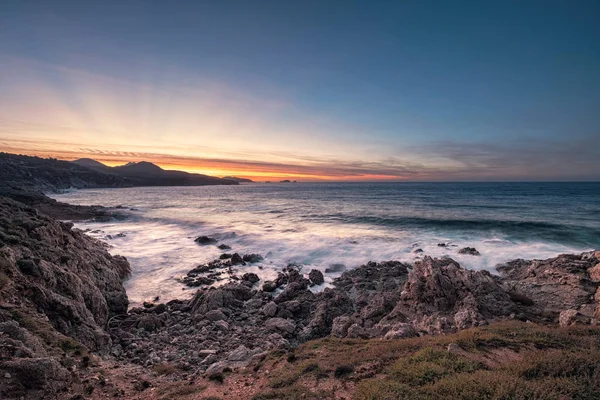 Sunset Rocky Coast Balagne Region Corsica Rough Seas Ile Rousse — Stock Photo, Image