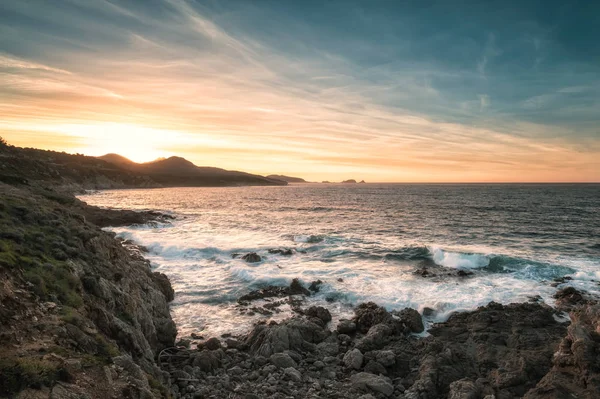 Sunset Rocky Coast Balagne Region Corsica Rough Seas Drmatic Sky — Stock Photo, Image