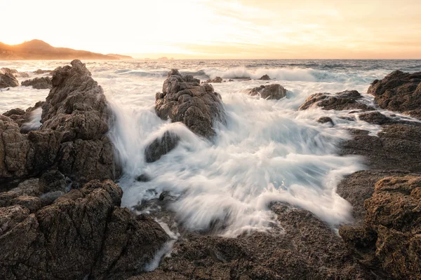 Long Exposure Waves Rushing Rocks Sunset Coast Balagne Region Corsica — Stock Photo, Image