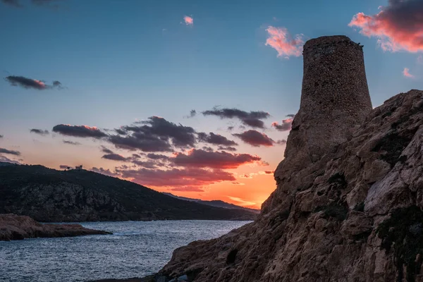 コルシカ島の地中海の夕日の最後の線の遮へい Balagne 地域イルルッス ピエトラで古代石ジェノヴァの監視塔 — ストック写真
