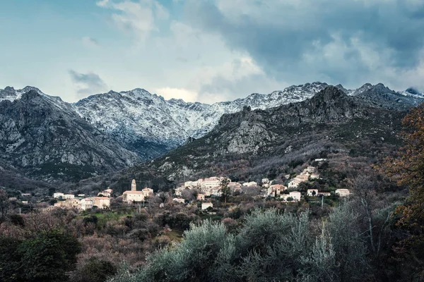 Ancient Mountain Village Feliceto Balagne Region Corsica Snow Covered Mountains — Stock Photo, Image