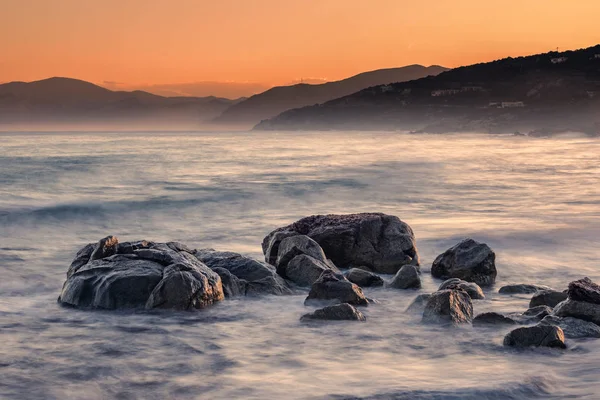 Long Exposure Image Mediterranean Sea Washing Rocks Sunrise Ile Rousse — Stock Photo, Image