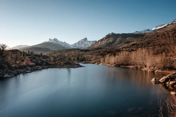 Fiume Golo Con Villaggio Albertacce Lontananza Neve Ricoperto Montagna Paglia — Foto Stock