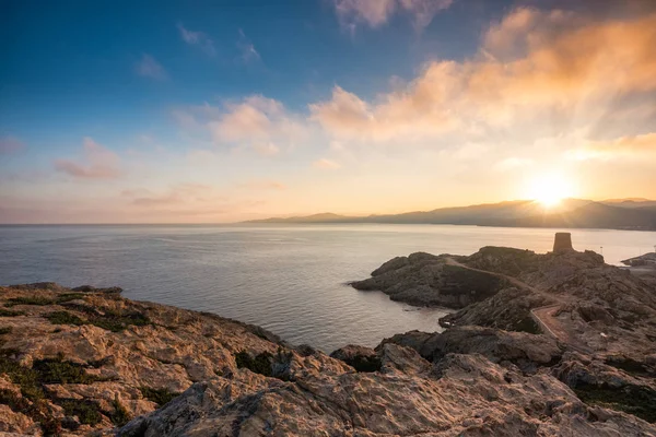 Sunrise Genoese Tower Pietra Rock Ile Rousse Balagne Region Corsica — Stock Photo, Image