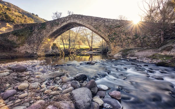 Antiguo puente de piedra sobre el río que fluye en Córcega — Foto de Stock