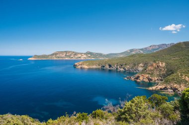 Korsika 'nın batı sahilinde, Calvi' nin güneyinde Akdeniz turkuazıyla karşılaşan Rocky sahili.