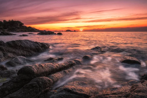 Sun Setting Pietra Red Rock Ile Rousse Balagne Region Corsica — Stock Photo, Image