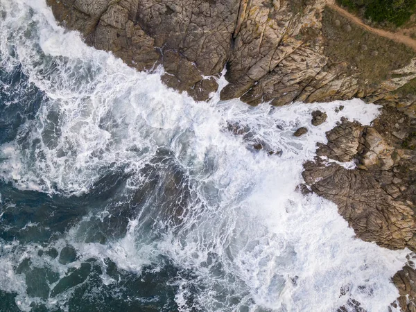 Aerial View Waves Crashing Rocky Coastline Losari Balagne Region Corsica — Stock Photo, Image