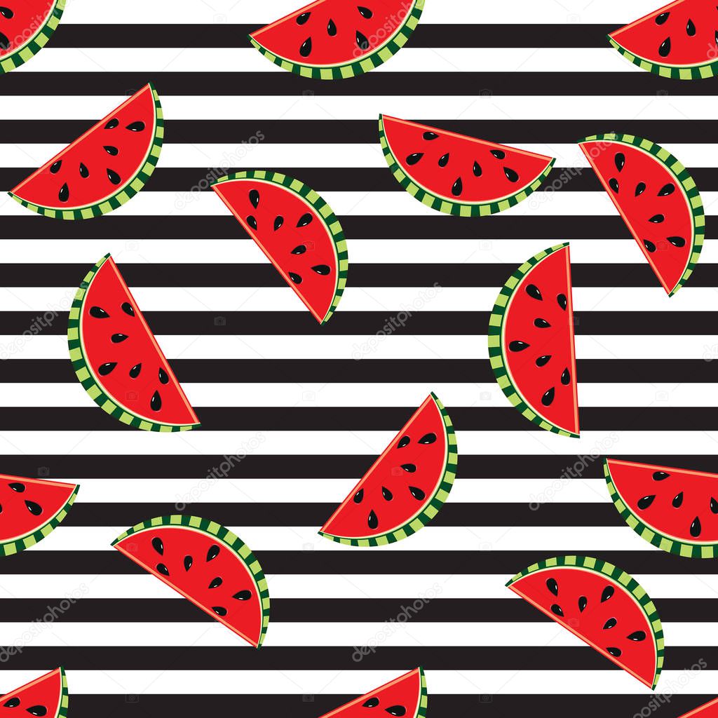 Seamless background watermelon slices on black and white stripes design for holiday greeting vector invitation of seasonal summer holidays, summer beach parties, tourism and travel