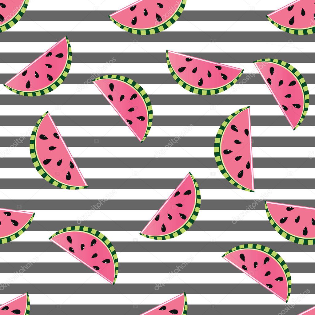 Seamless background watermelon slices on black and white stripes design for holiday greeting vector invitation of seasonal summer holidays, summer beach parties, tourism and travel