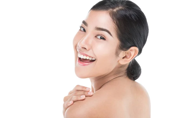 Beautiful Woman Cares Skin Face Posing Studio Isolated White Clipping — Stock Photo, Image